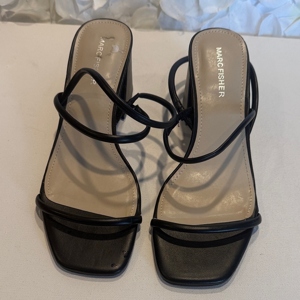 Marc Fisher Black Strappy Square-Toe Block Heel Sandals